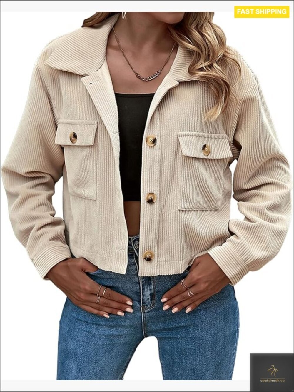 Cropped Corduroy Shacket Jacket Button Down Long Sleeve Casual Chic Oversized - Picture 1 of 7